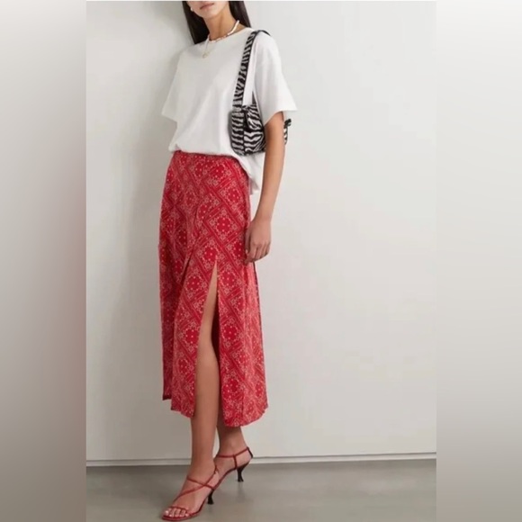 RIXO Georgia A Line Red Print Silk Midi Skirt - Picture 2 of 10